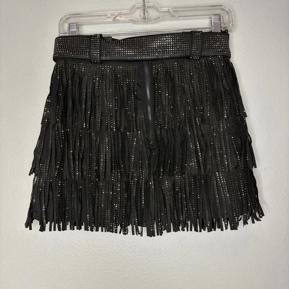 Nylon Apparel Rhinestone Multilayered Tassel Belted Mini Skirt Small Black New - Picture 6 of 8